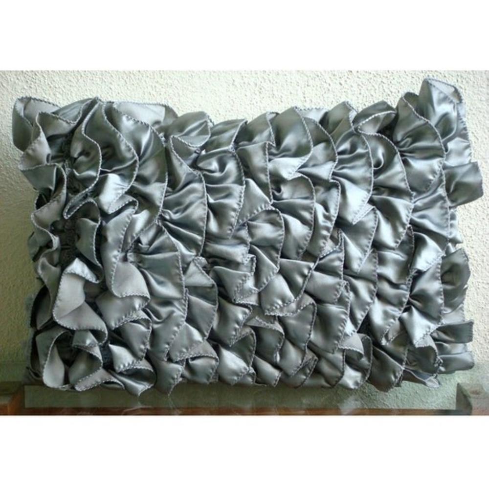 Grey Lumbar Pillow Cover, Satin 12"x18" Vinage Style Ruffles Shabby Chic Lumbar Pillow Cover - Vintage Gray Ruffles