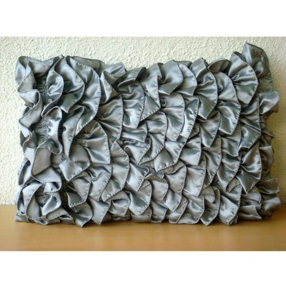 Grey Lumbar Pillow Cover, Satin 12"x18" Vinage Style Ruffles Shabby Chic Lumbar Pillow Cover - Vintage Gray Ruffles