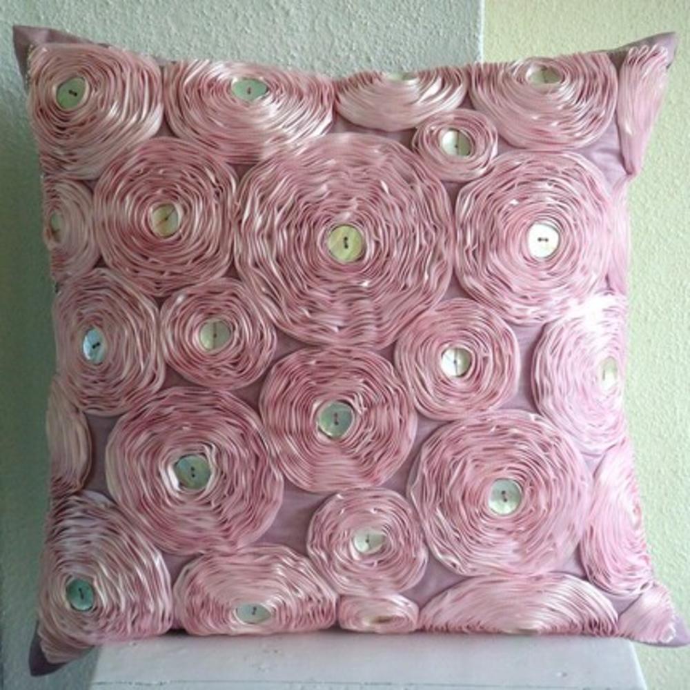 Pink Euro Sham Covers, Art Silk 26"x26" Ribbon Pink Rose Flower Floral Theme Euro Pillow Shams - Vintage Romance