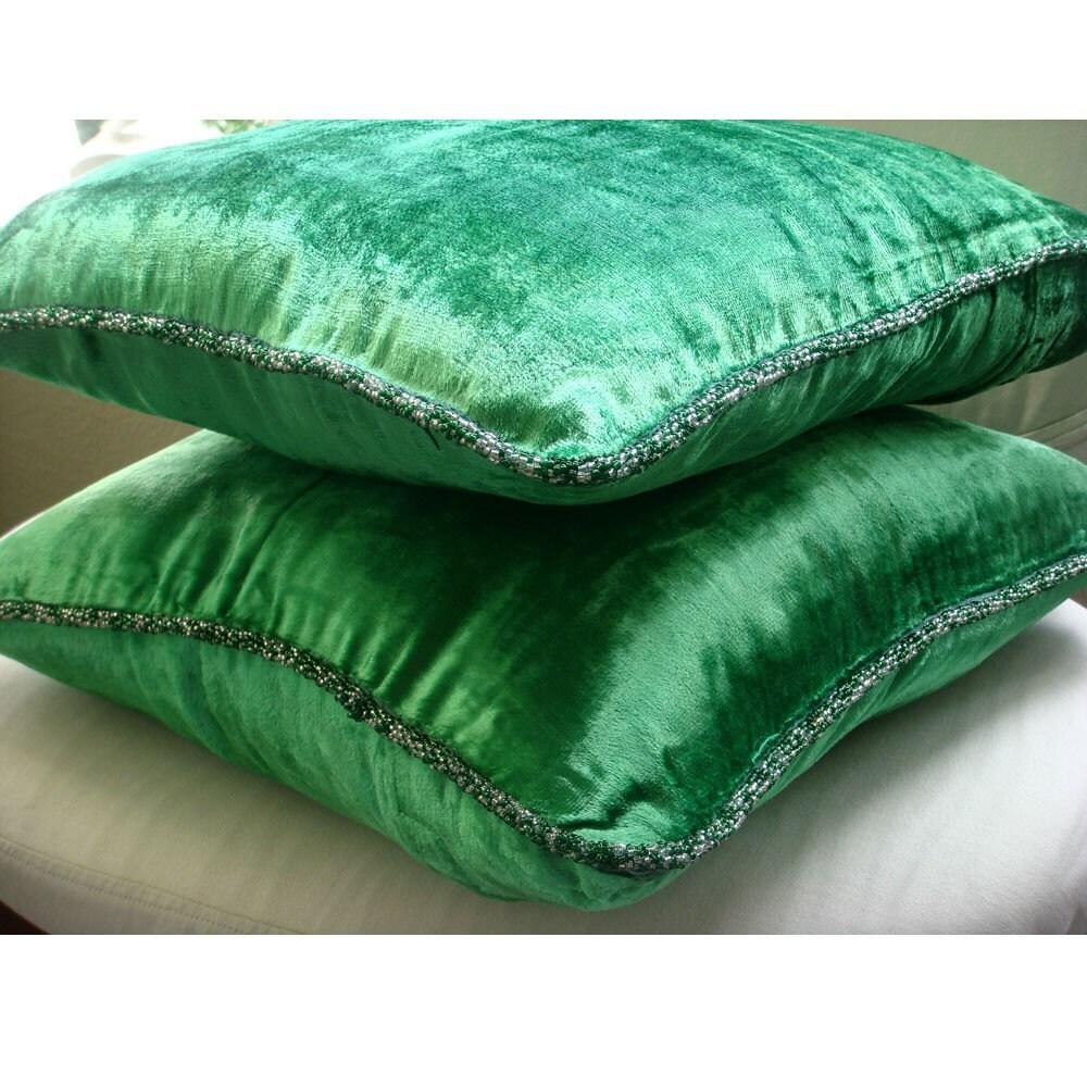 Emerald Green Pillows Cover, Velvet 18"x18" Velvet Beaded Cord Pillows Cover - Green Shimmer