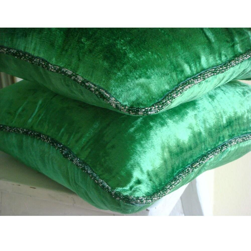 Emerald Green Pillows Cover, Velvet 18"x18" Velvet Beaded Cord Pillows Cover - Green Shimmer