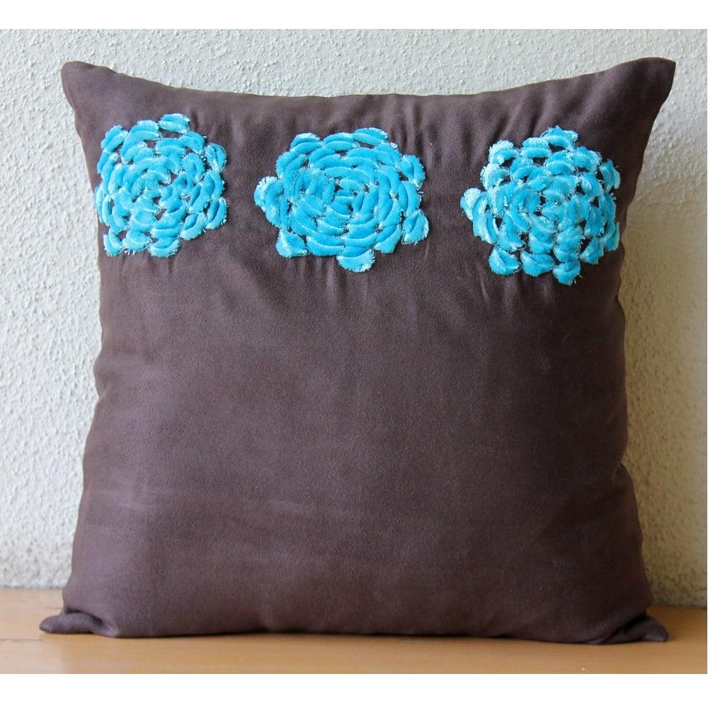 Brown Throw Pillows Cover For Couch, Faux Suede 18"x18" Turquoise Origami Flower Floral Theme Pillows Cover - Turq Blooms