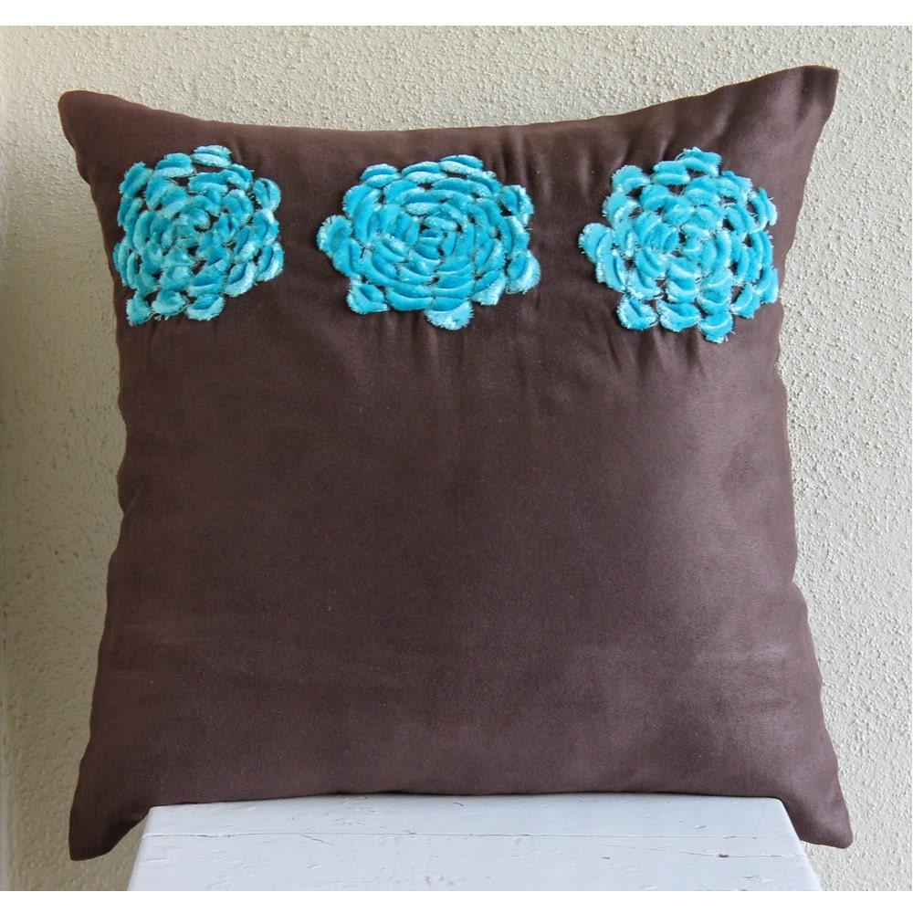 Brown Throw Pillows Cover For Couch, Faux Suede 18"x18" Turquoise Origami Flower Floral Theme Pillows Cover - Turq Blooms