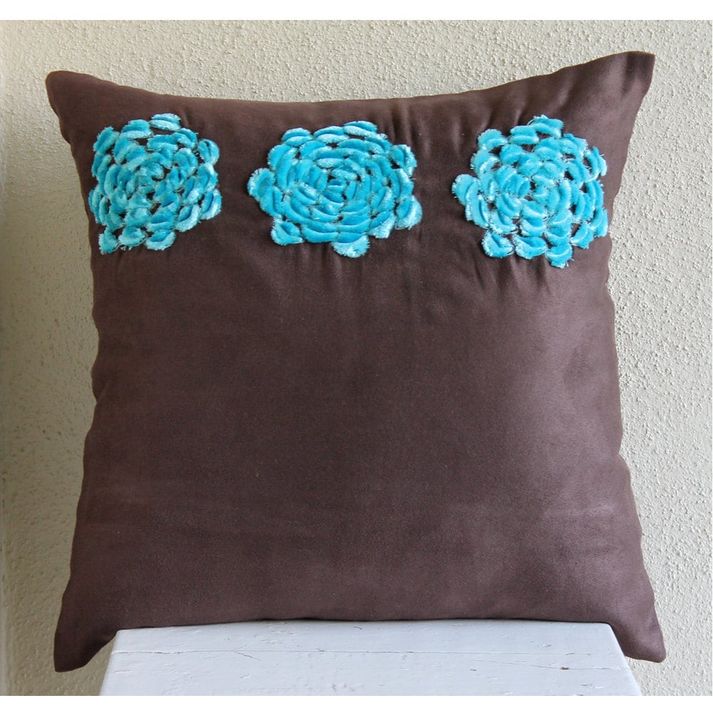 Brown Throw Pillows Cover For Couch, Faux Suede 20"x20" Turquoise Origami Flower Floral Theme Pillows Cover - Turq Blooms