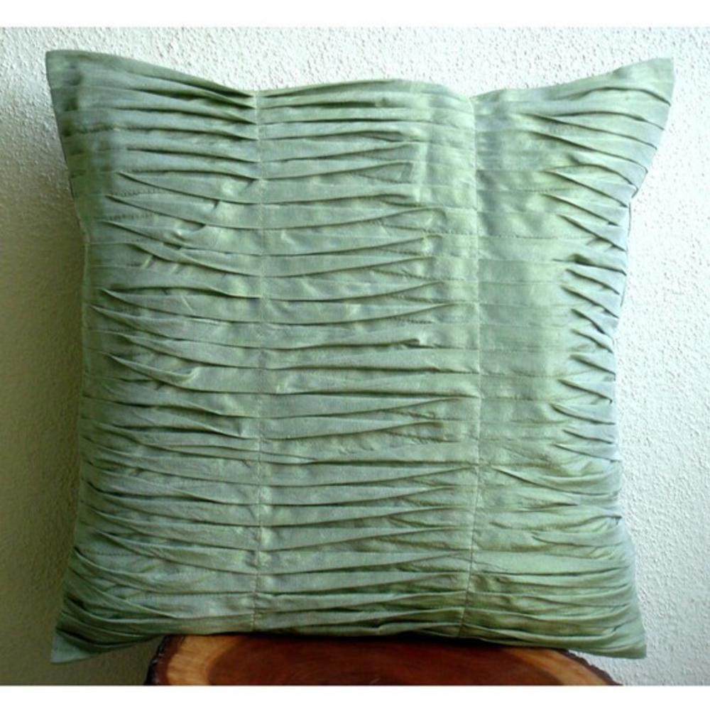 Green Euro Pillow Covers, Art Silk 26"x26" Textured Pintucks Solid Color Euro Pillow Shams - Green Waves