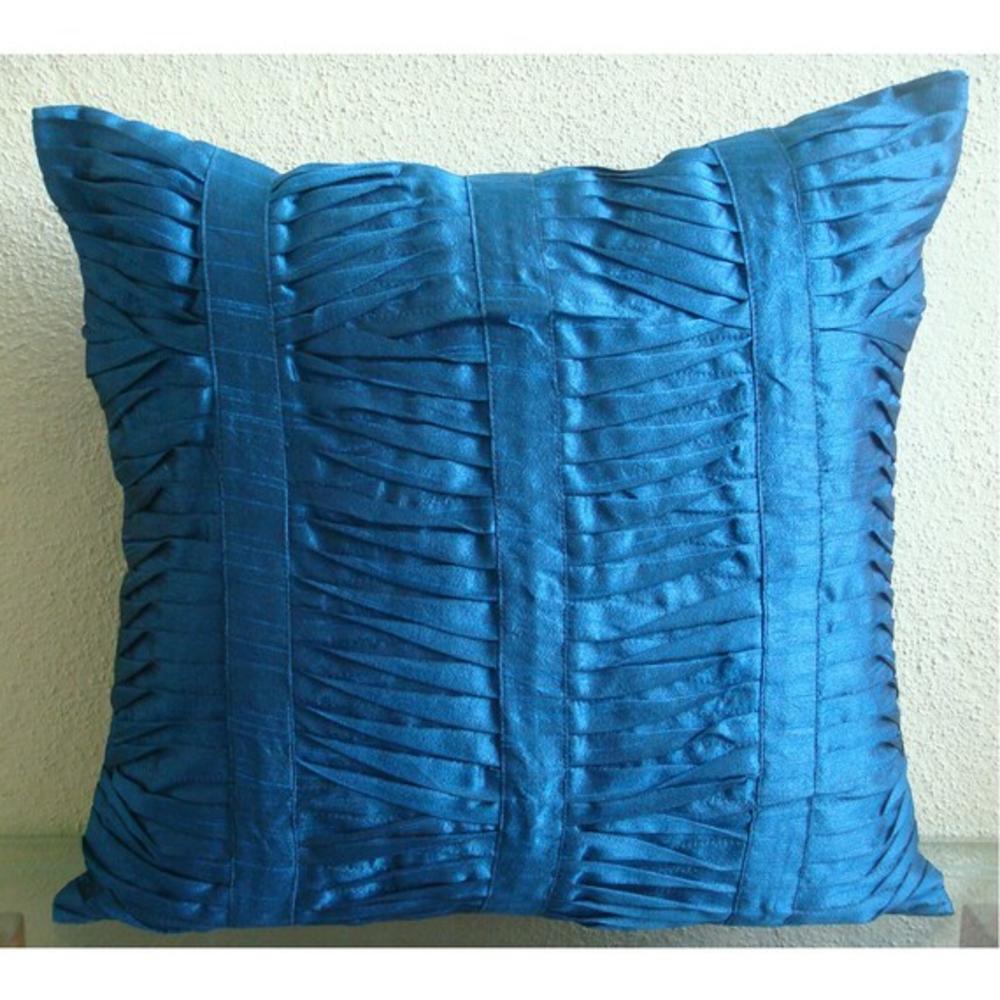 Blue Cushion Covers, Art Silk 18"x18" Textured Pintucks Pillow Cases - Royal Blue Crest