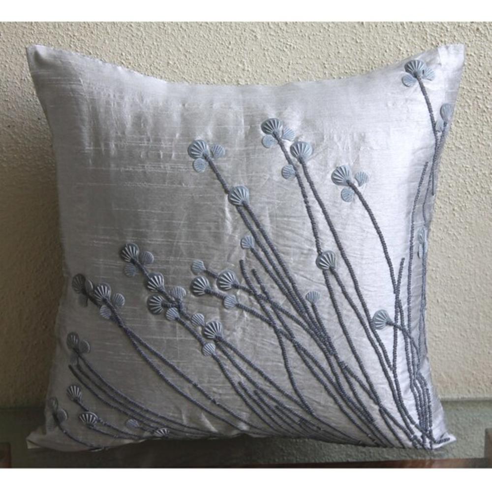 Light Grey Throw Pillows Cover, Art Silk 18"x18" 3D Sea Sheel Sequins Pillows Cover - Soft Gray Shells