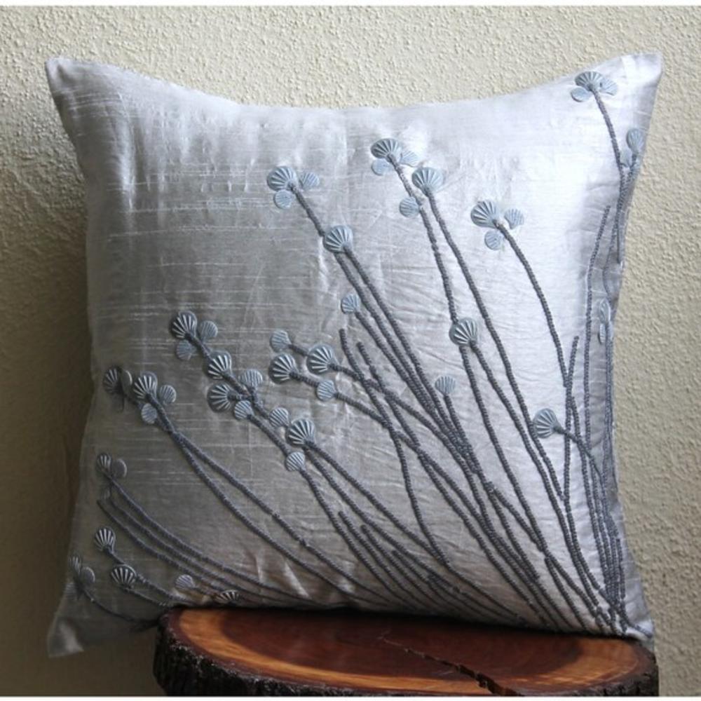 Light Grey Throw Pillows Cover, Art Silk 18"x18" 3D Sea Sheel Sequins Pillows Cover - Soft Gray Shells