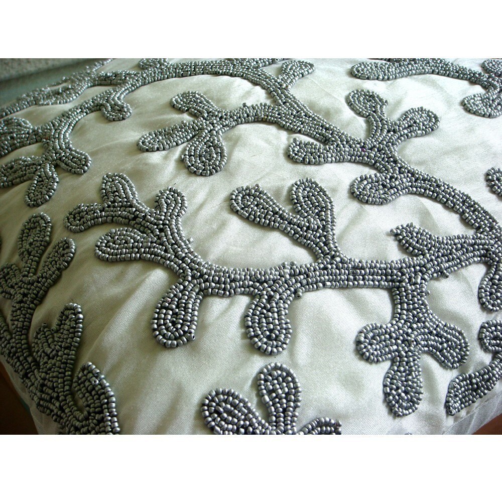 Silver Pillow Cases, Art Silk 14"x14" Beaded Corals Beach And Ocean Theme Pillows Cover - Silver Coral