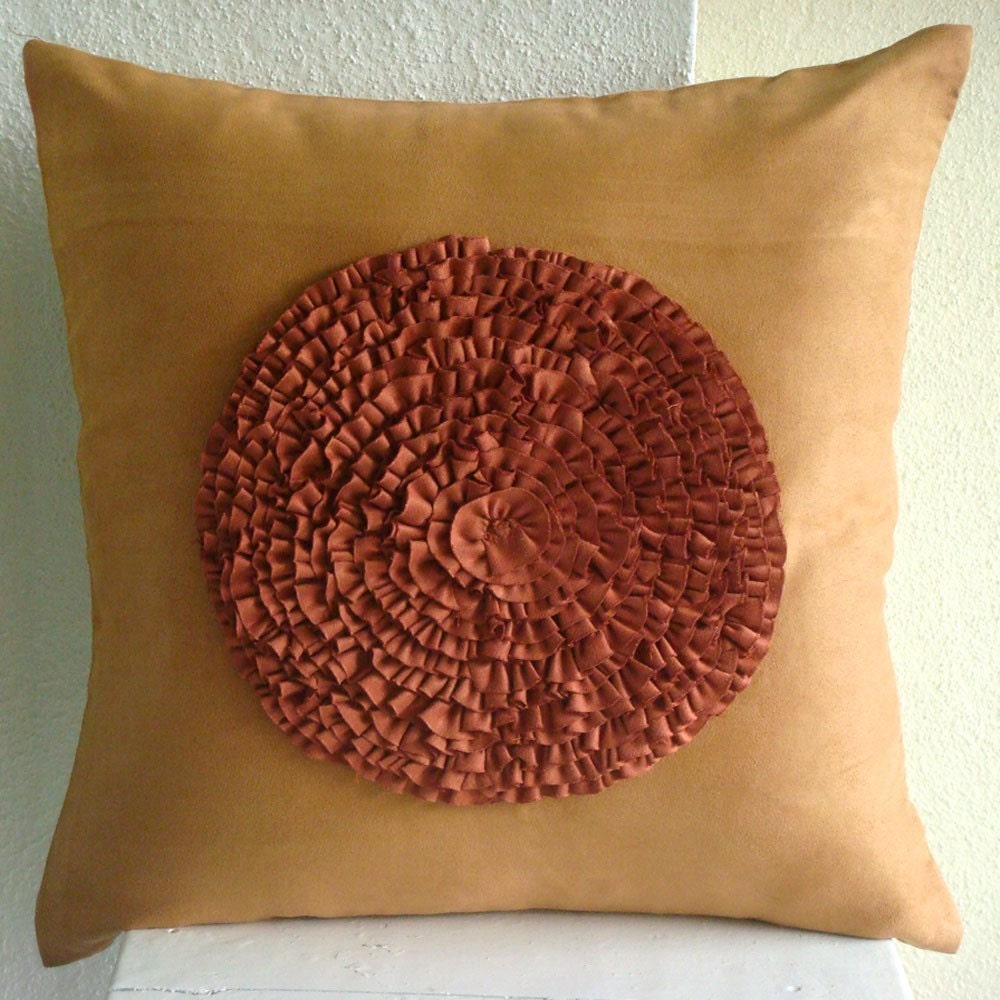 Rust Decorative Pillow Cover, Faux Suede 14"x14" Vinage Style Frills Medallion Pillow Cases - Vintage Rust