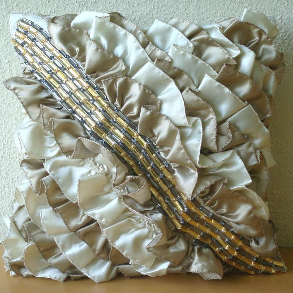Beige Pillows Cover, Satin 14"x14" Vinage Style Ruffles Shabby Chic Decorative Pillows Cover - Vintage Caramel