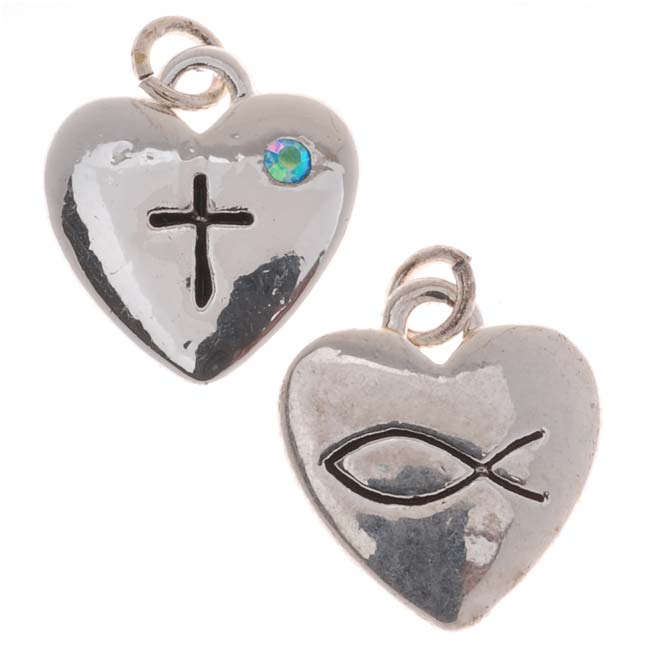 Delight Beads Silver Plated 2Side Heart Christian Fish / Cross Charm Delight Beads Silver Plated 2Side Heart Christian Fish / Cross Charm