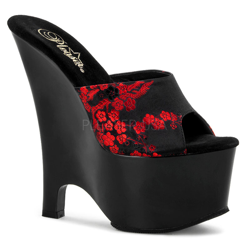 Pleaser Beau-601-8 Womens Cherry Blossom Embroidered Satin Kimono Black And Red Wedges High Heels Evening Platform Shoes at Sears.com