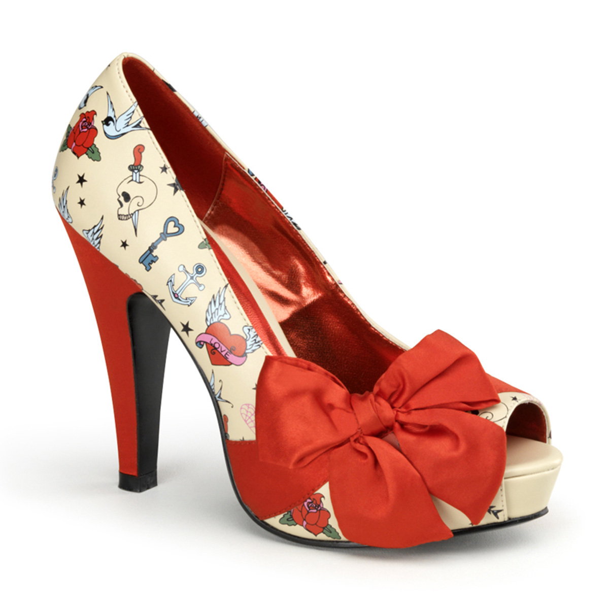 Bettie-13 Rockabilly Tattoo Print Cream High Heels Shoes