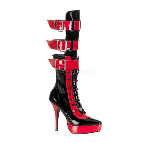 Pleaser Indulge-1028 Womens Two Tone Black Red 5 1/4 Inch Contrast Platform High Heels Knee High Buckling Mid Calf Shiny Exotic Boots at Sears.com