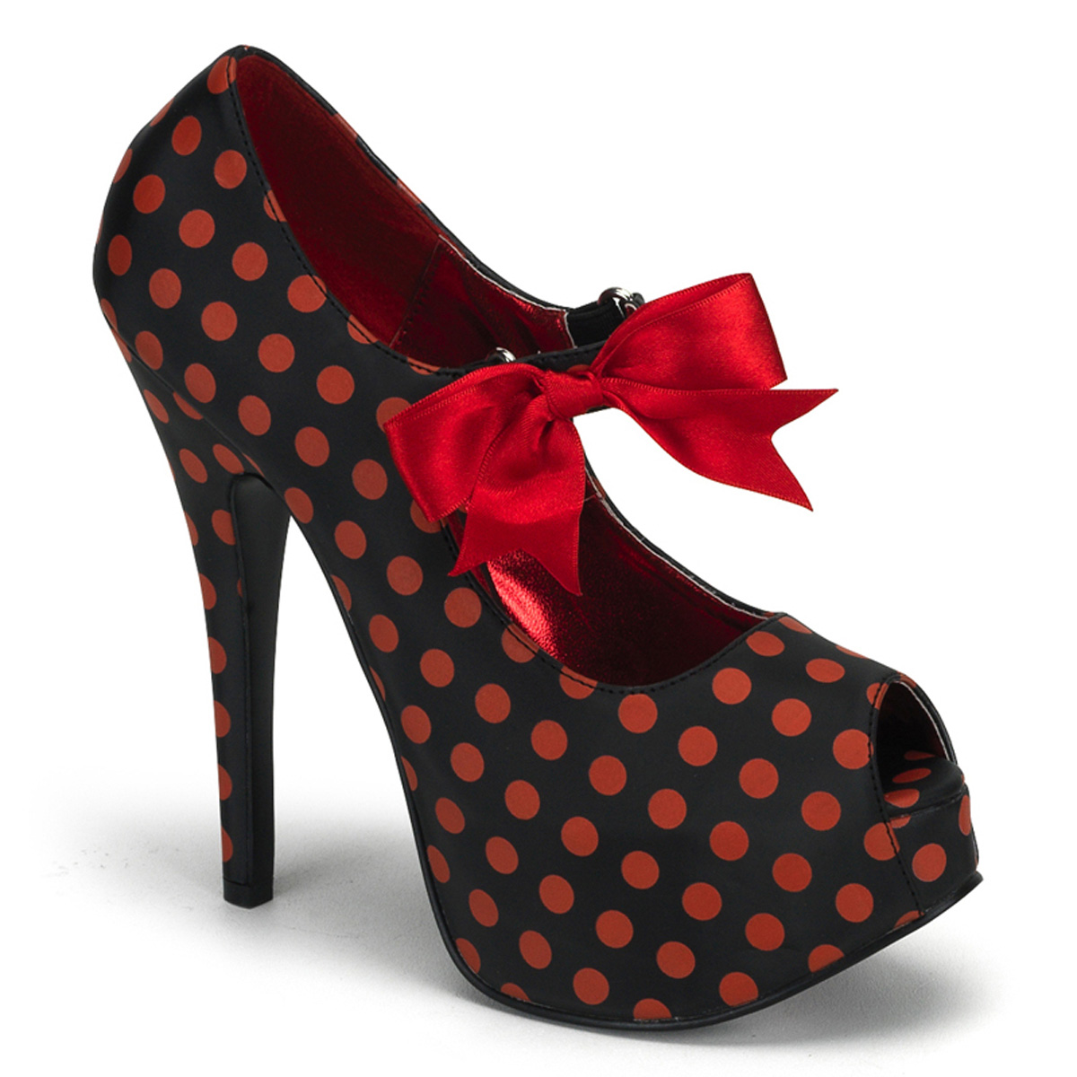 Bordello Teeze-25 Womens Black And Red Satin Polka Dot Peep Toe Concealed Platform Bow Mary Janes High Heels Cute Pumps Retro Shoes at Sears.com