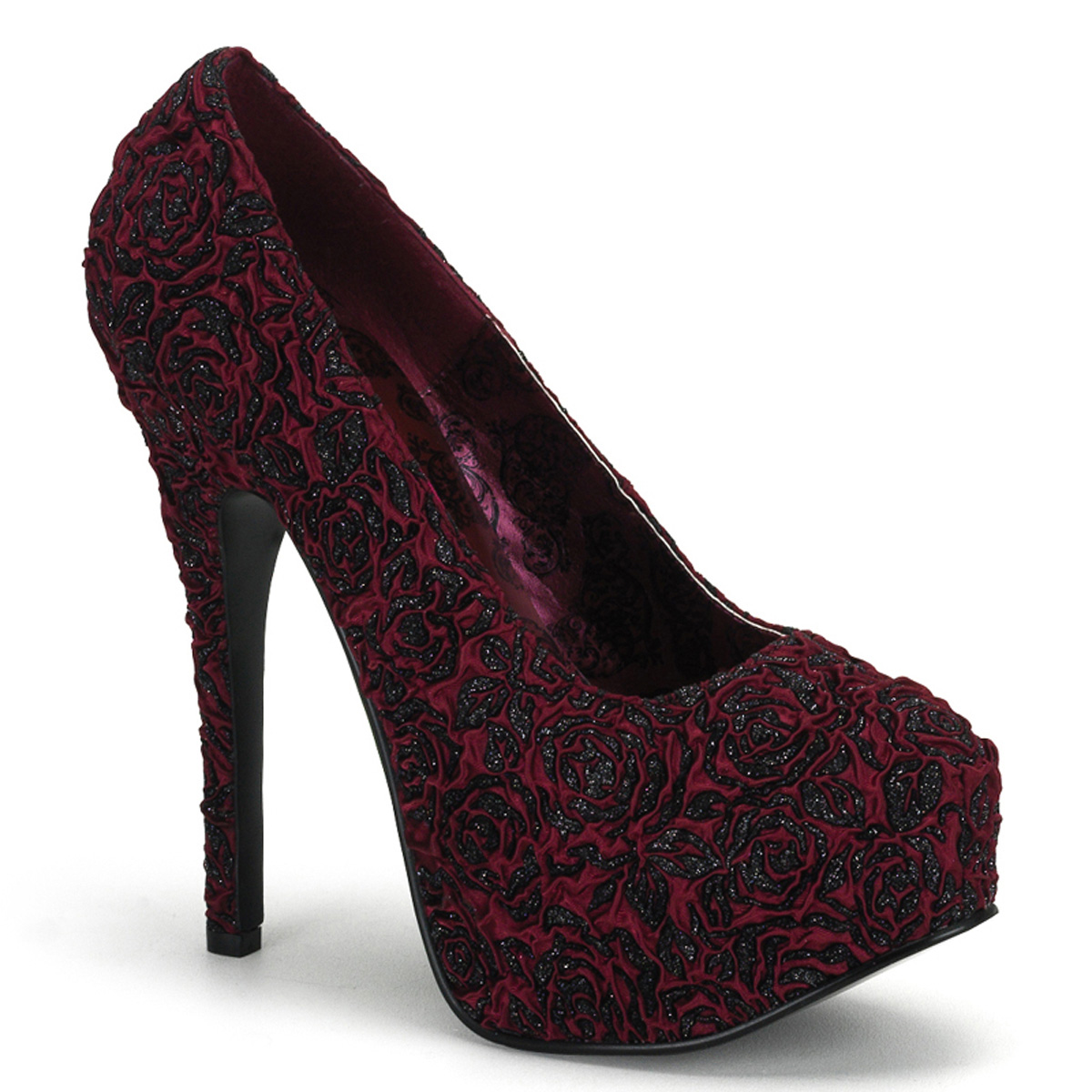 Bordello Teeze-39 Womens Burgundy Red Satin Black Glitter Rose Concealed Platform Pumps Elegant High Heel Evening Dres Prom Shoes Pumps at Sears.com