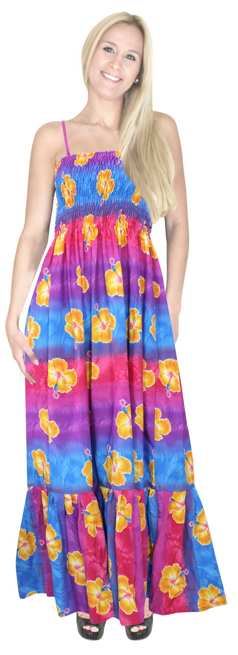 LaLeela.com Multicolor Floral Printed Likre Backless Long Smocked Tube Dress LaLeela.com Multicolor Floral Printed Likre Backless Long Smocked Tube Dress