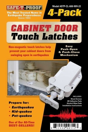 Safe-T-Proof Disaster Preparedness push latch white Cabinet Door Touch Latches-4 PACK-WHITE