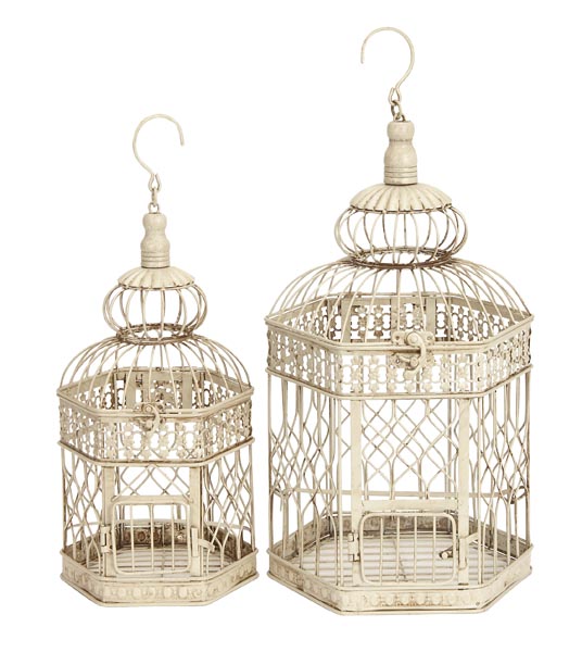 Benzara 66520 Set Of 2 White Metal Hexagon Parakeet Birds Cages 21 In.