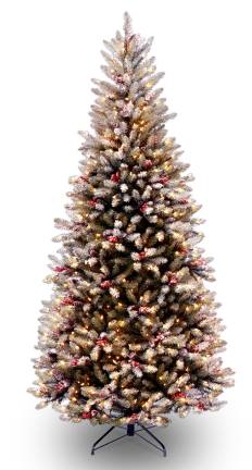 National Tree Company DUF-301-75 7.5 Foot Dunhill Fir Slim Hinged Tree with Snow  Red Berries  Cones and 600 Snow Lights at Sears.com