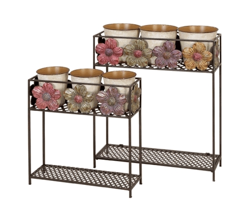 Benzara 13389 Daisy 2 Tier Metal Planter Stand With 6 Planters