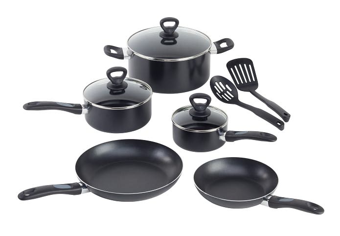 T-fal A801SA74 Comfort Grip 10pc cookware set - 1 2qt covd sauce  5qt dutch  8&10in. saute  2 utensils