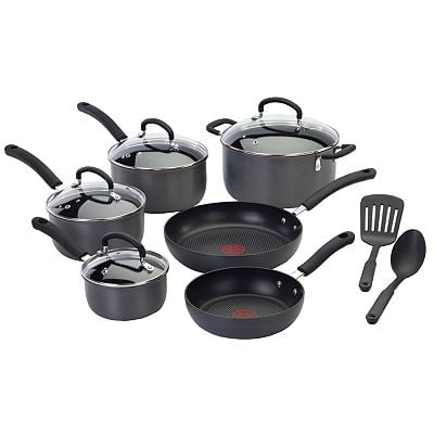 T-fal E918SC64 Ultimate Hard Anodized 12pc set - 8&10.25in. fry  1-2-3qt covd sauce  5qt covd dutch  2 tools