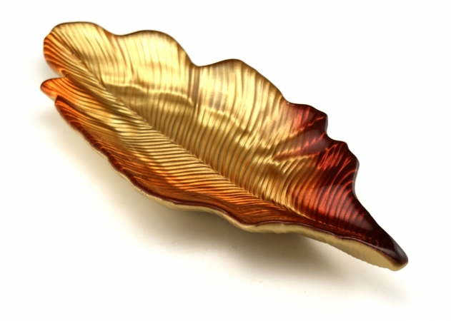 Arda Glassware 67660110 Willow Leaf Handmade 4&44;5x11 Inch Leaf Tray Set of 2 Metallic Golden- Orange- Red