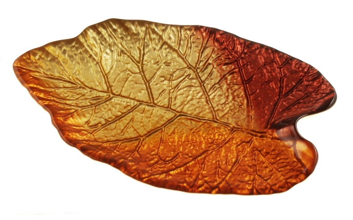 Arda Glassware 67410100 Mulberry Leaf Handmade 9x13&44;5 Inch Leaf Tray Metallic Golden- Orange- Red