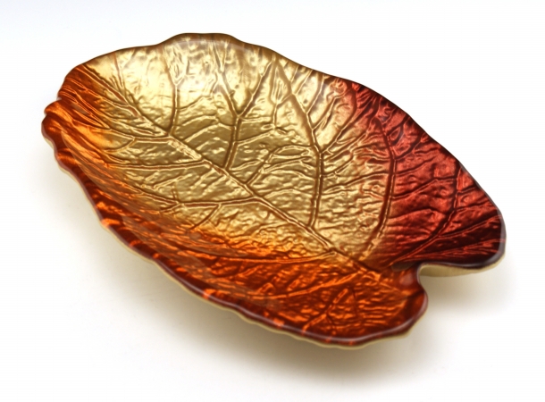 Arda Glassware 67390110 Mulberry Leaf Handmade 6x11 Inch Leaf Tray Set of 2 Metallic Golden- Orange- Red