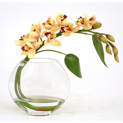 Ddi 16015A Waterlook Silk Gold Orchid Spray with Tropical Leaves in a Glass Disk Vase at Sears.com