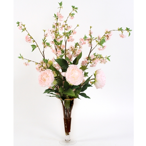 Ddi 15753 Waterlook Silk Pink Cherry Blossoms with Pink Peonies in a Trumpet Vase at Sears.com