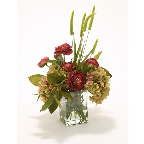 Ddi 16125 Waterlook Silk Green-Brown Hydrangeas, Ranunculus and Greenery in a Square Glass Vase at Sears.com