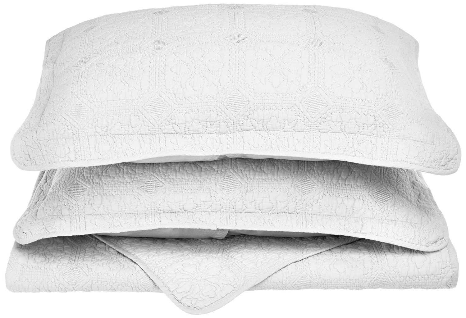 GoLinens Luxury 100% Cotton Corrington 3-Piece Quilt Set with Matching Pillow Shams - White