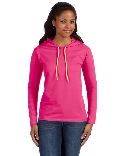 Ladie's Ringspun Long-Sleeve Hooded T-Shirt - 887L - Hot Pink/Neo Yellow - M