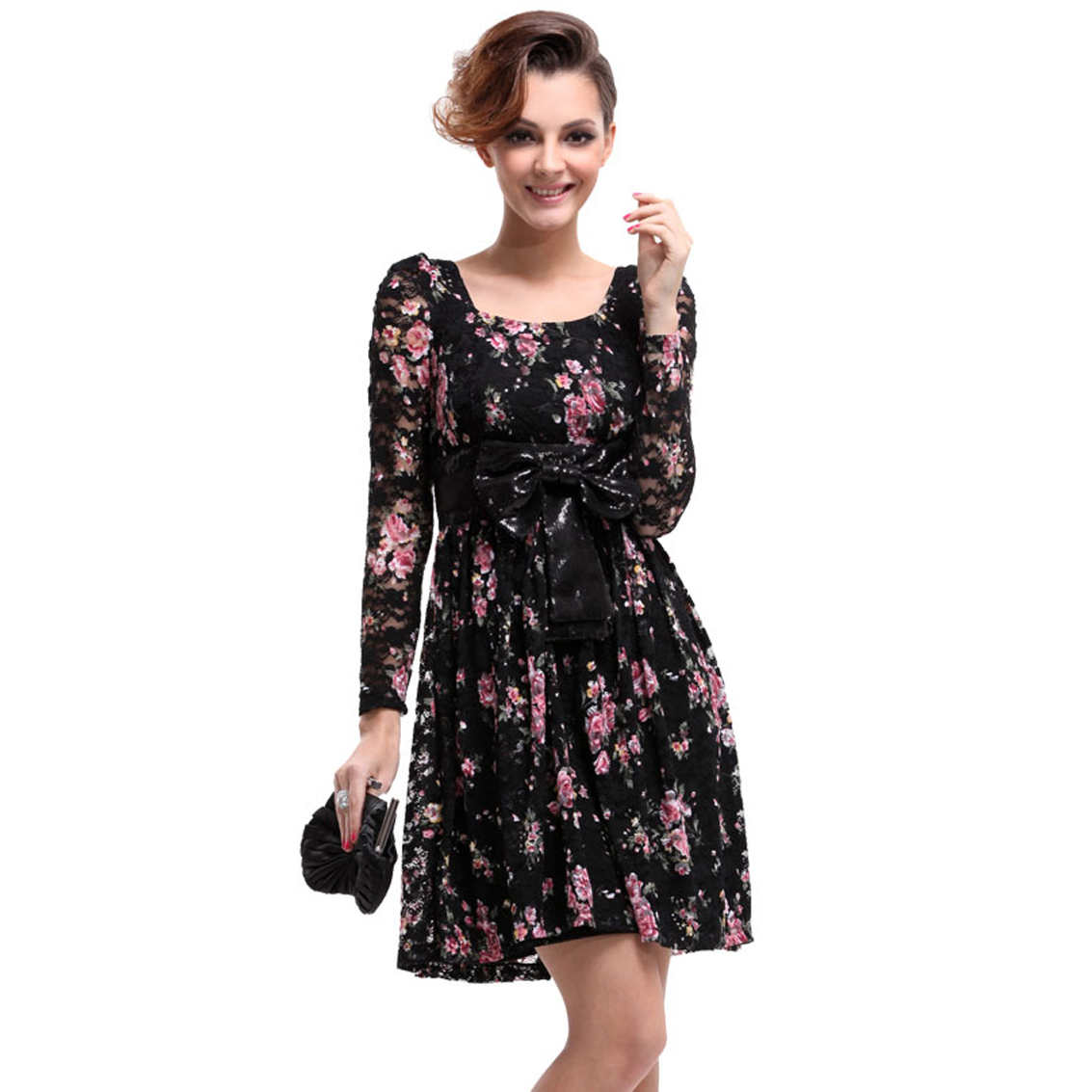 Ever-Pretty Ever Pretty Vintage Printed Lace Blacks Sequins Bow Long Sleeve Casual Dress 03510 at Sears.com