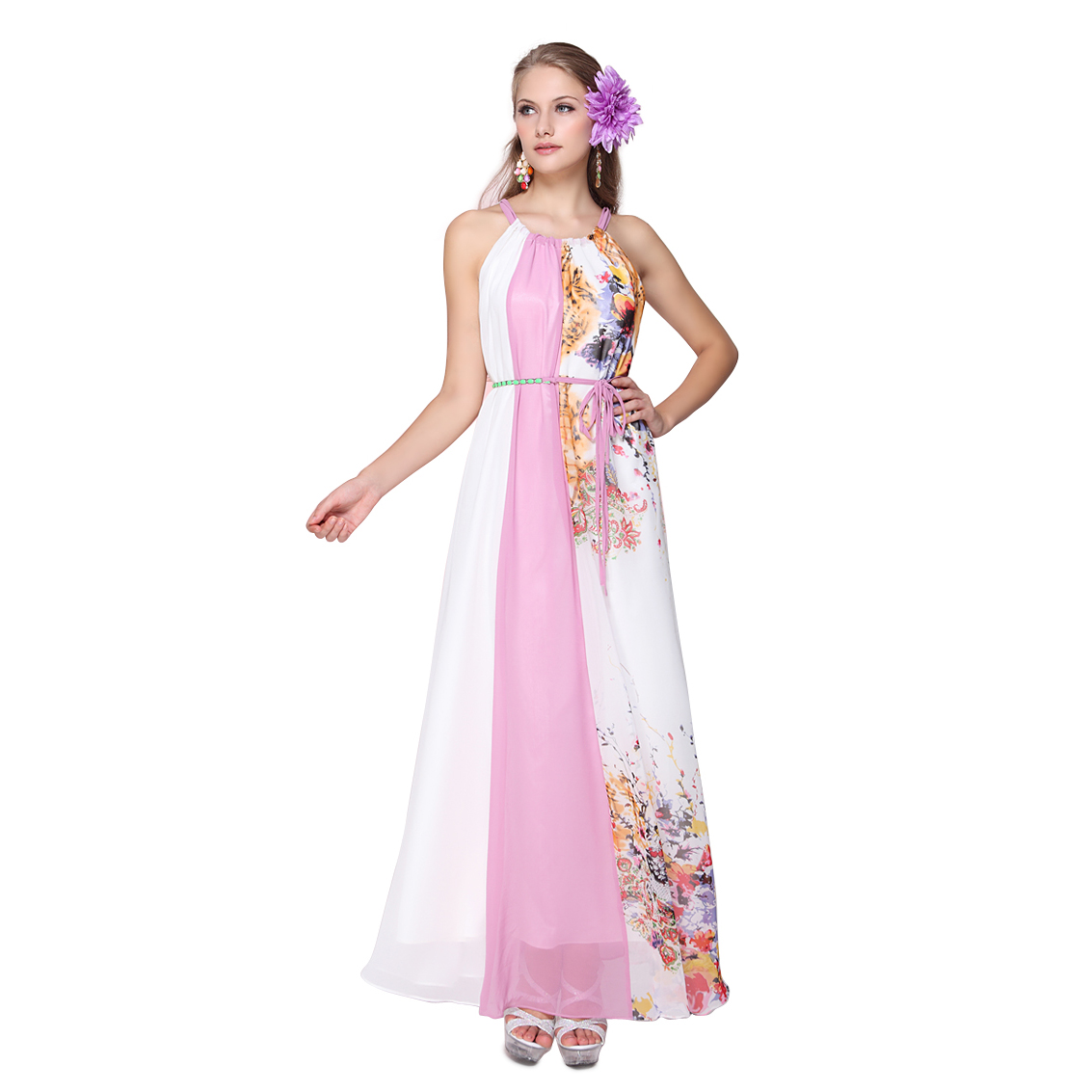 Ever-Pretty Ever Pretty Adjusatble Halter Floral Printed Chiffon Belt Evening Dress 09836 at Sears.com