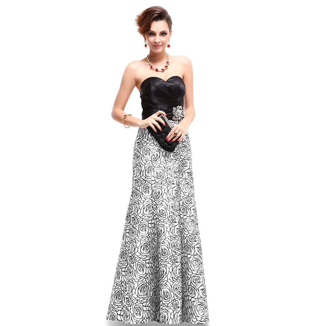 Ever-Pretty Ever Pretty Strapless Black White Satin Floral Printed Ruffles Evening Gown 09727 at Sears.com