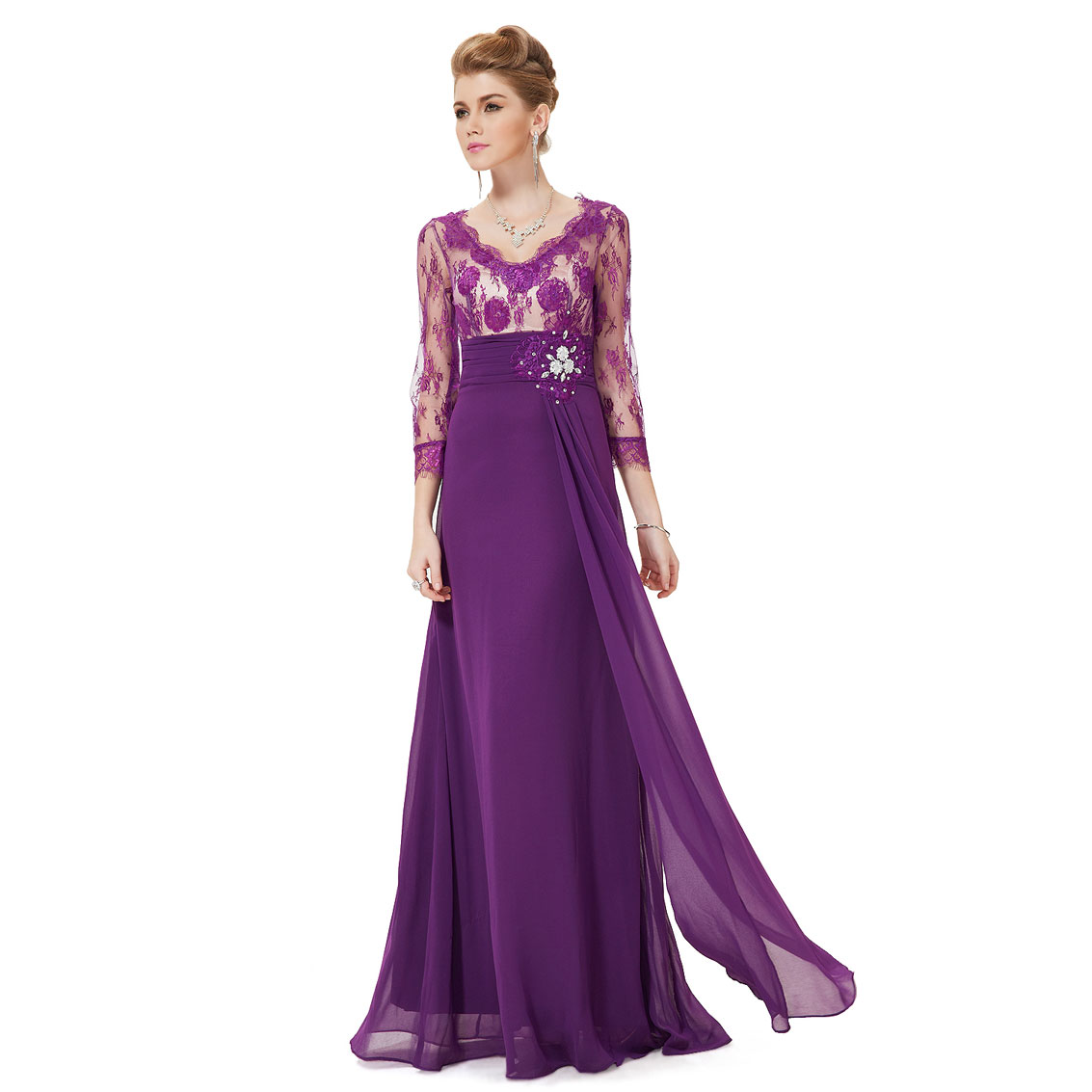 ... Ever Pretty Lacey Neckline Open Back Ruched Bust Evening Dress 09993