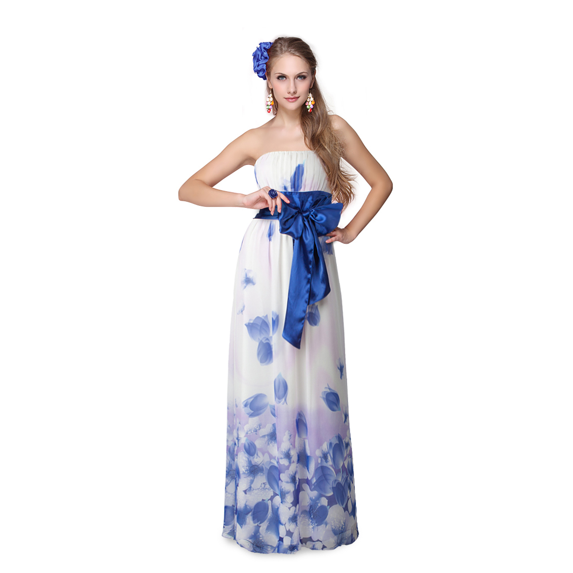Ever-Pretty Ever Pretty Chiffon Strapless Blues Floral Printed Bow Long Prom Dress 09687 at Sears.com