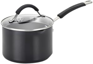 KitchenAid Aluminum Nonstick 2-Quart Covered Straining Saucepan with Two Pour Spouts  Black