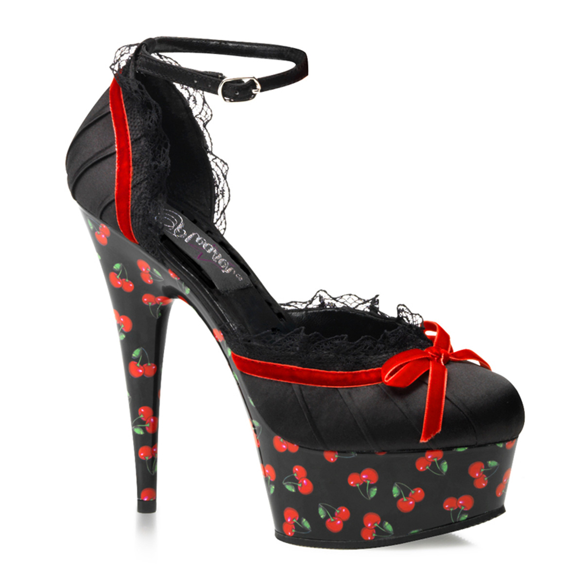 Pleaser Women's 6 Inch Cherry Print Ankle Strap Platform Pump - Black Satin at Sears.com