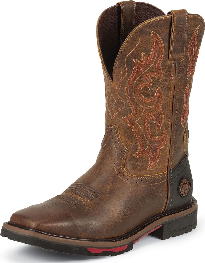 Justin Mens Justin Hybred Western Square Toe Work Boot Pull On Rugged Tan Wide (2E) WK4640 Justin Mens Justin Hybred Western Square Toe Work Boot Pull On Rugged Tan Wide (2E) WK4640