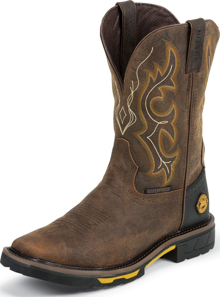 Justin Men's Justin Hybred Waterproof Western Work Boots Pull On Barnwood Wide (2E) WK4624 Justin Men's Justin Hybred Waterproof Western Work Boots Pull On Barnwood Wide (2E) WK4624