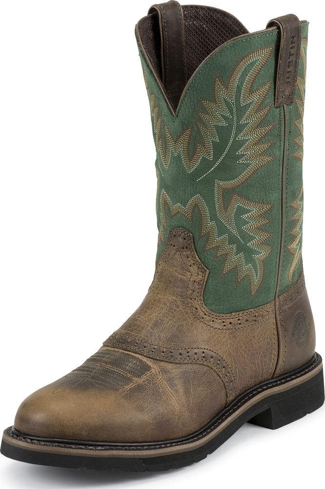 Justin Justin Mens Stampede Round Steel Toe Work Boot Pull On Rugged Tan Wide (2E) WK4671 Justin Justin Mens Stampede Round Steel Toe Work Boot Pull On Rugged Tan Wide (2E) WK4671
