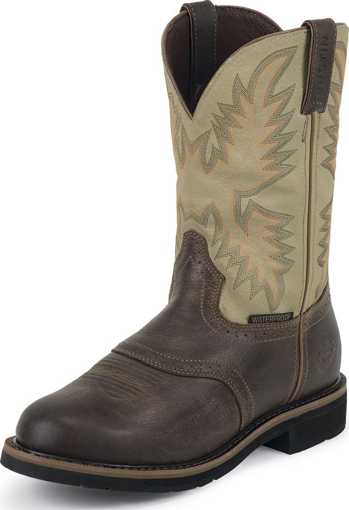 Justin Men's Justin Stampede Waxy Brown Waterproof Steel Toe Work Boots Wide (2E) WK4663 Justin Men's Justin Stampede Waxy Brown Waterproof Steel Toe Work Boots Wide (2E) WK4663