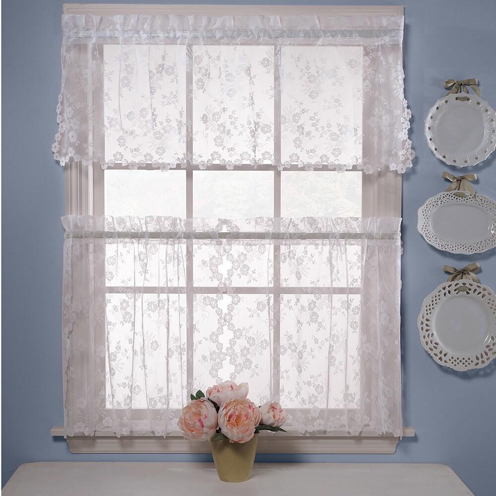 Lace Flowers Window Tier and Valance Curtain Set