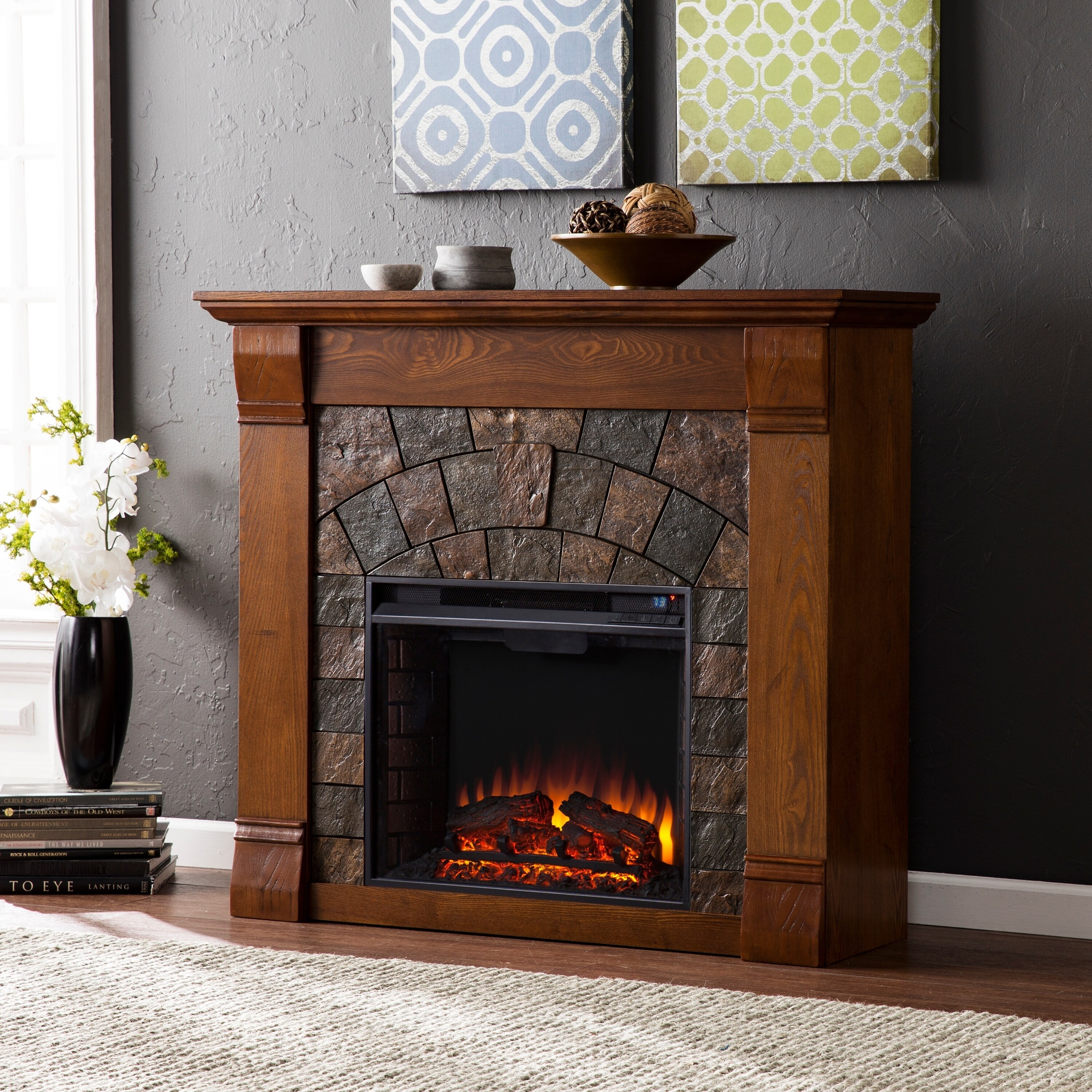 Harper Blvd Stonegate Antique Oak Electric Fireplace