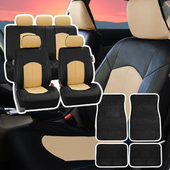 FH Group Deluxe Perforated Leather Car Seat Covers W Carpet Floor Mats Beige Black